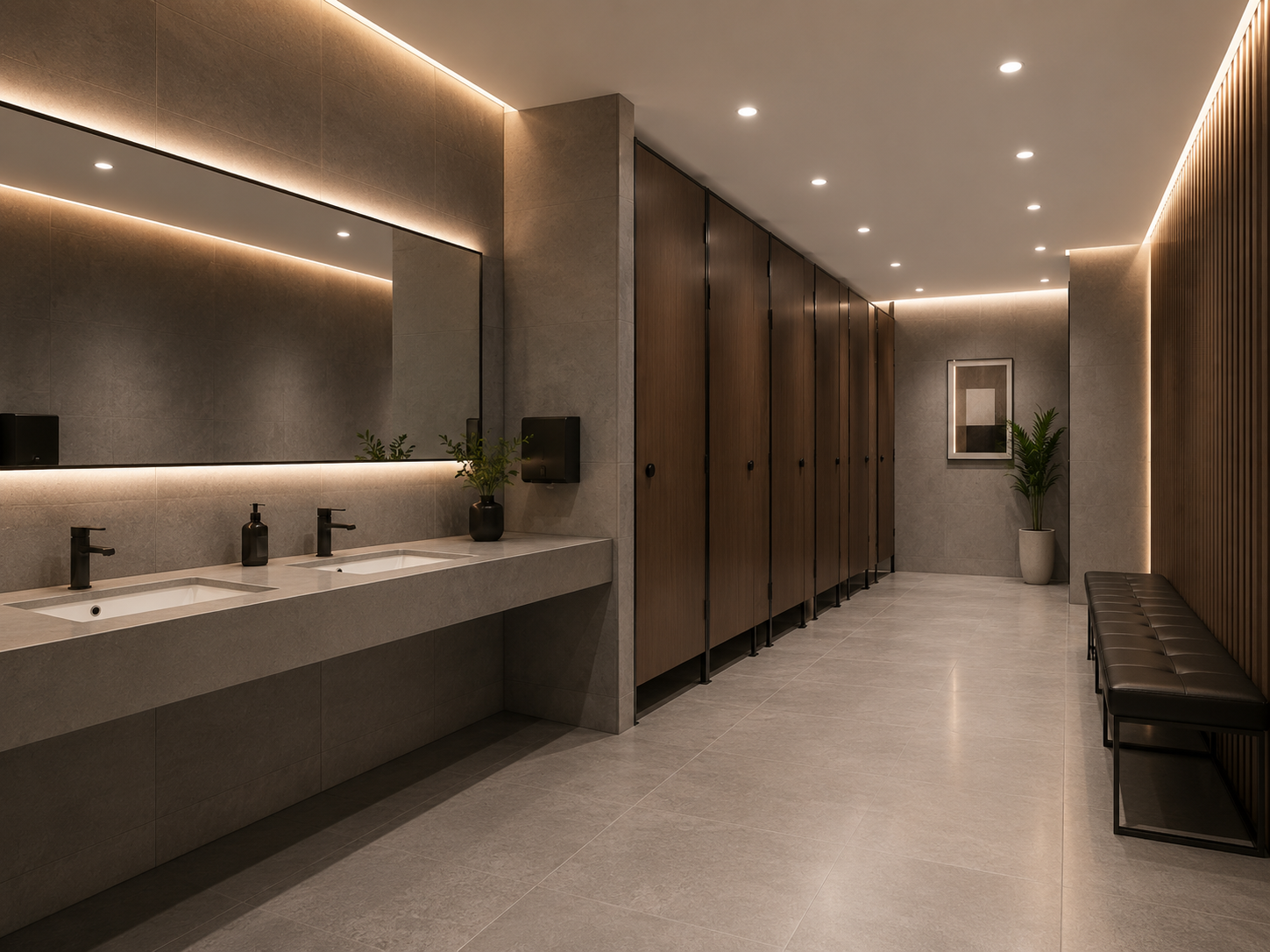 Modern WC kabin, lavabo ve ayna uygulaması