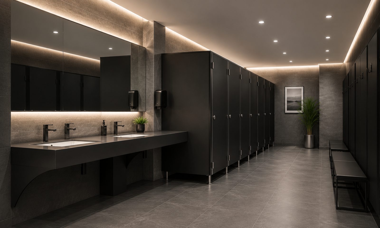 Compact laminat WC kabin sistemleri ile tasarlanmış modern bir lavabo ve ıslak hacim uygulaması