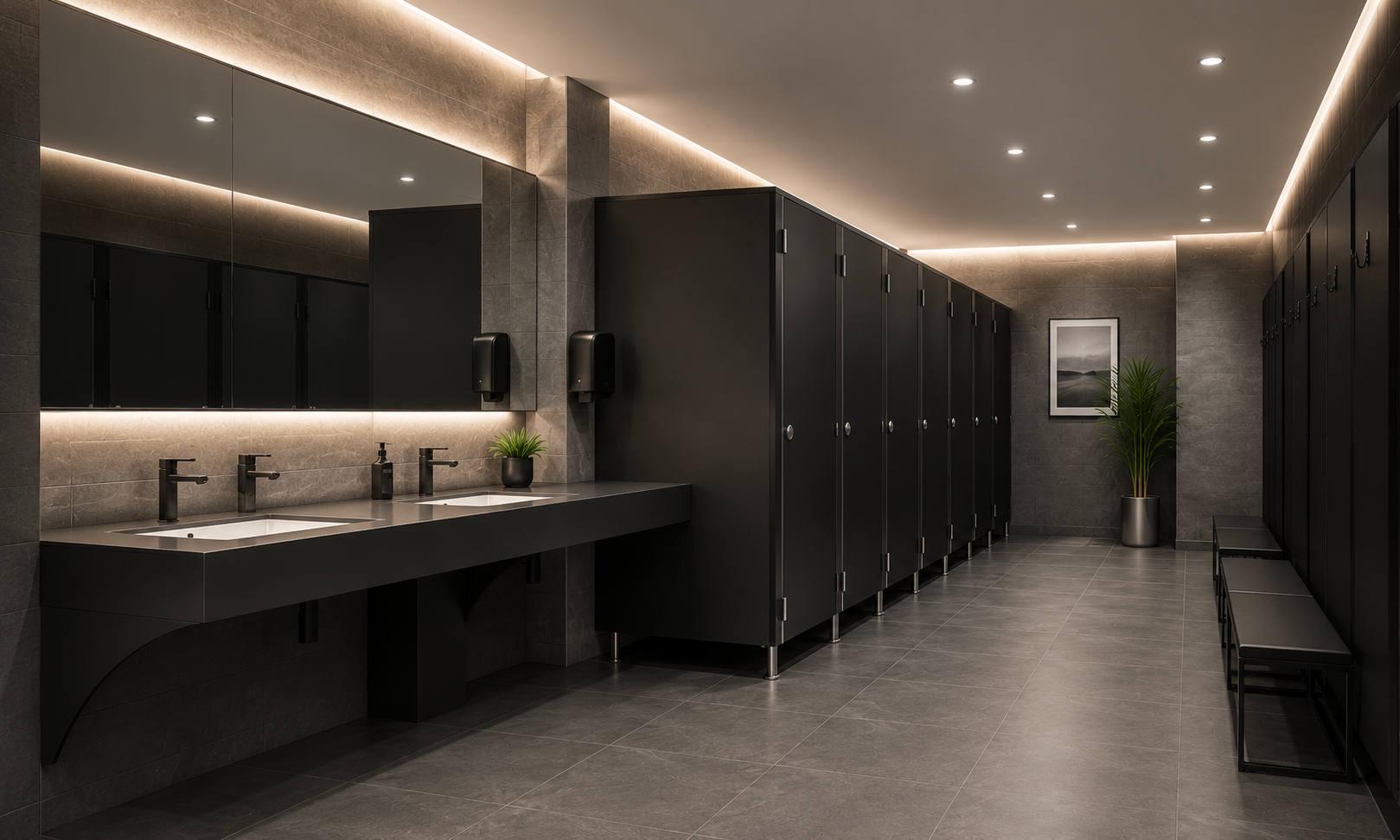 Compact laminat WC kabin sistemleri ile tasarlanmış modern bir lavabo ve ıslak hacim uygulaması